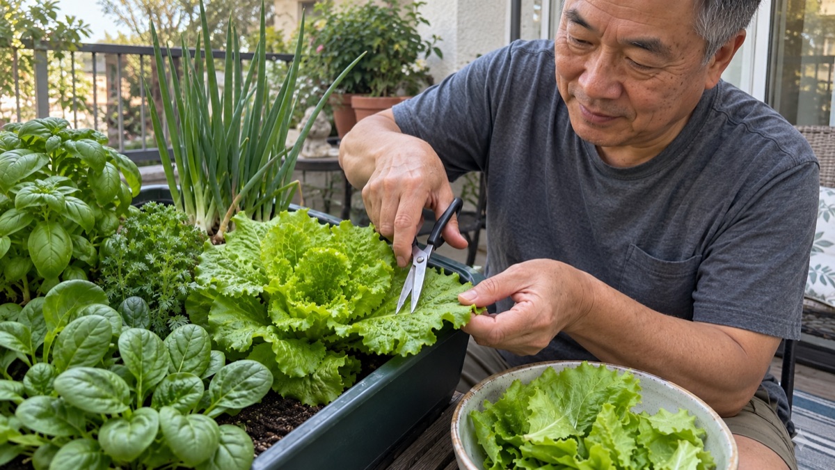 A person harvesting outer lettuce leaves from a small container while leaving the center to grow